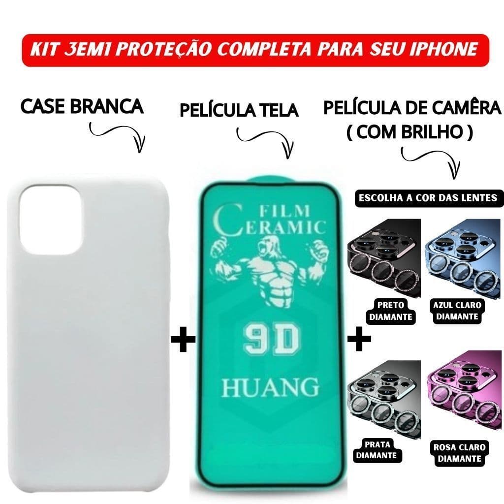 Kit Case Branco + Película Cerâmica + Lente Diamante iPhone 11 12 13 14 15 16 Pro Max - ADH