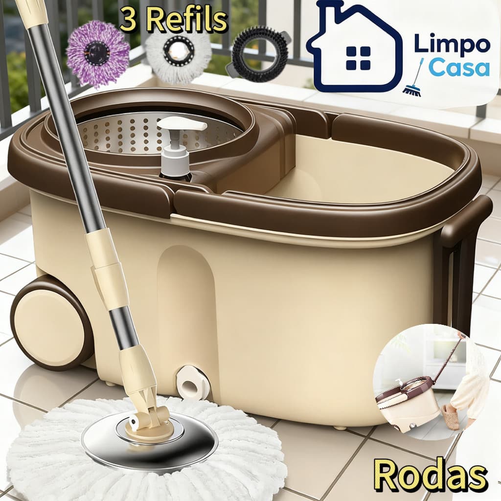 Mop mágico 360° com balde de aço inoxidável e 3 refis - Rolos práticos e função de torção automática