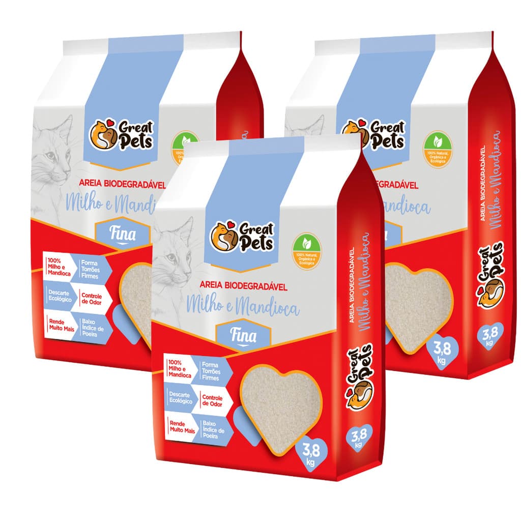 KIT 3und Areia Biodegradável Milho E Mandioca Fina Great Pets 3,8kg