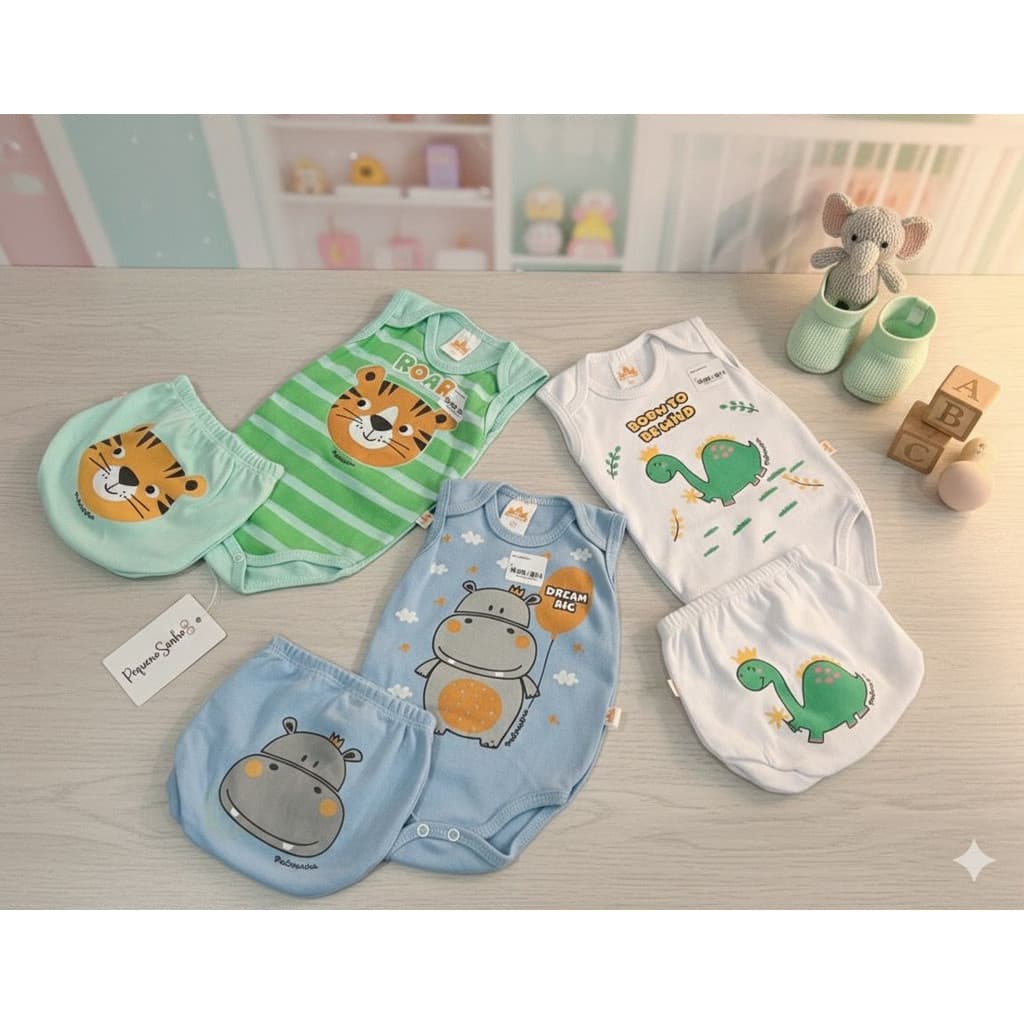 Kit Com 6 Peças De Body Regata E Capa De Fralda Suedine 3344