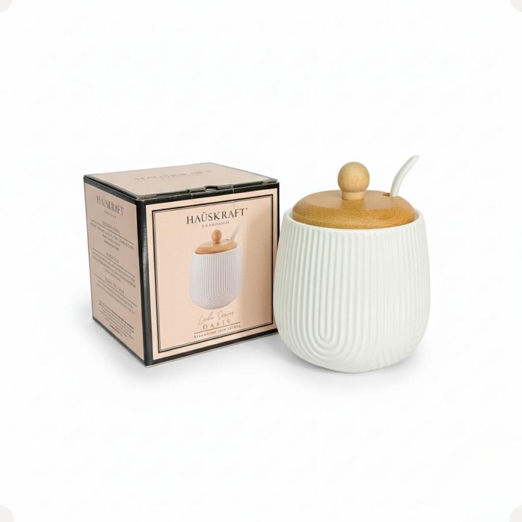 Açucareiro Oasis 360ml Cerâmica Tampa Bambu Colher Hauskraft Café Açúcar Cozinha Gourmet Minimalista Branco