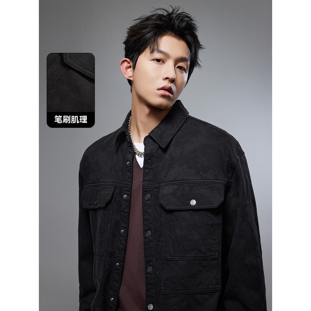 [Textura escura] Carbin Retro Denim Jaqueta Camisa Masculina Outono Novo Estilo Camisa High-End Jaqueta Cargo