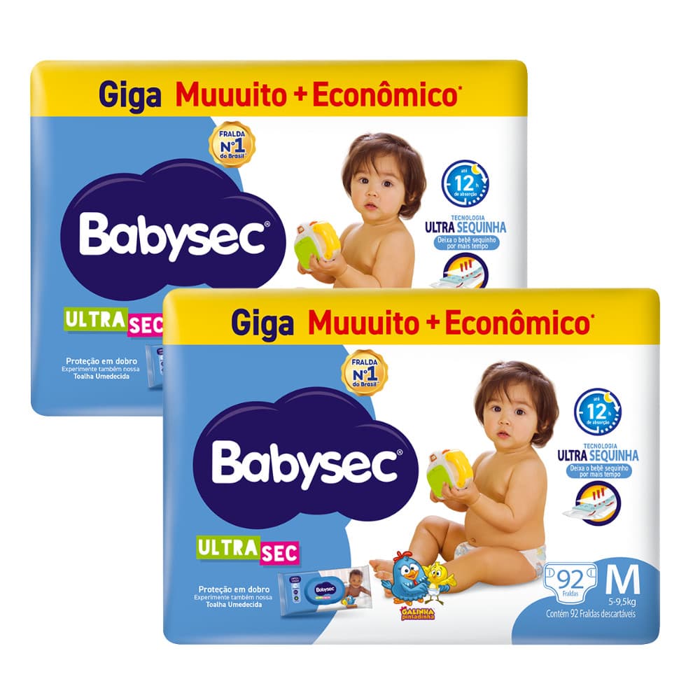 Kit 2x Fraldas BabySec Ultrasec Giga M Galinha Pintadinha – 92 Unidades cada