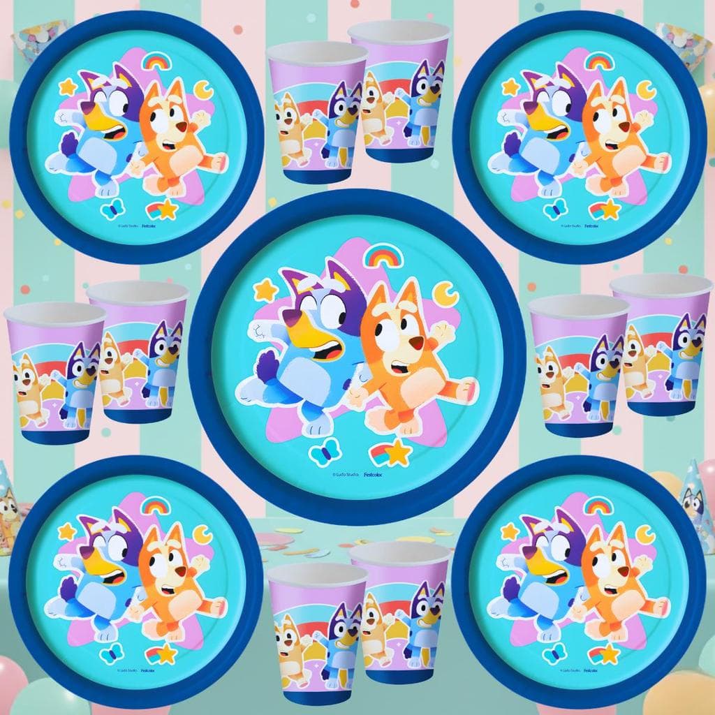 Kit Festa Bluey e Bingo 8 Copos 8 Pratos Decoração Festa Aniversário Infantil