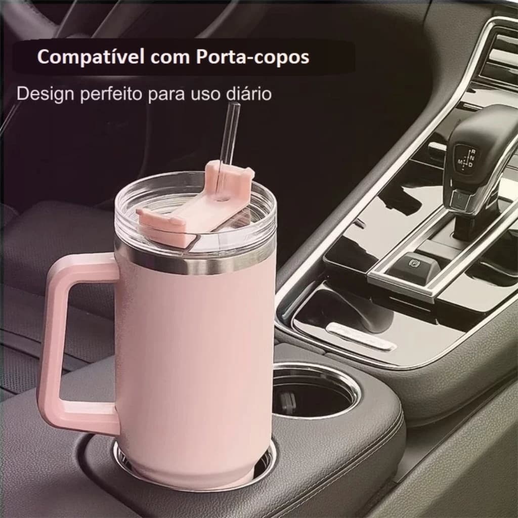 Copo Térmico 1200ml com Alça | Estilo Influencer 💖 Com Canudo | Gelado/Quente | Várias Cores