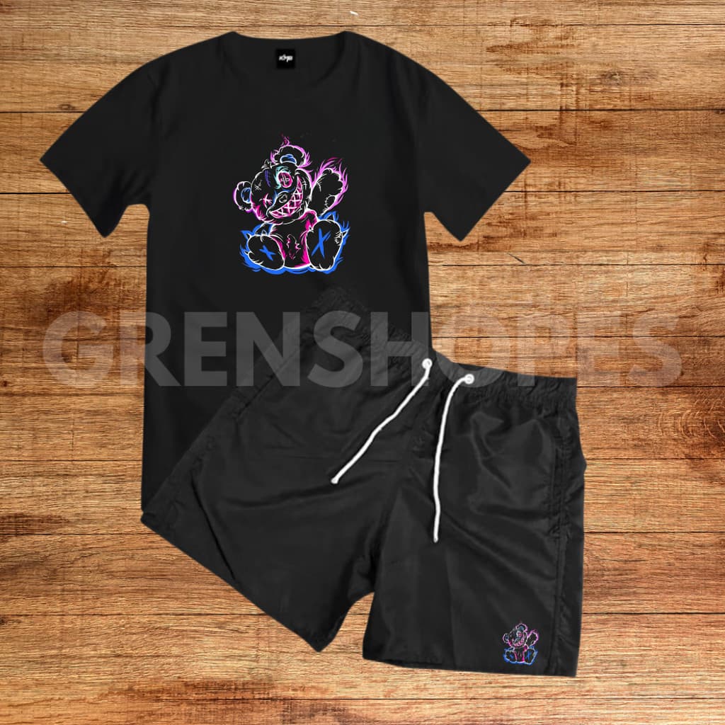 Kit Conjunto Camiseta 100% Algodão Bermuda Tactel Urso fogo Caminhada E Academia