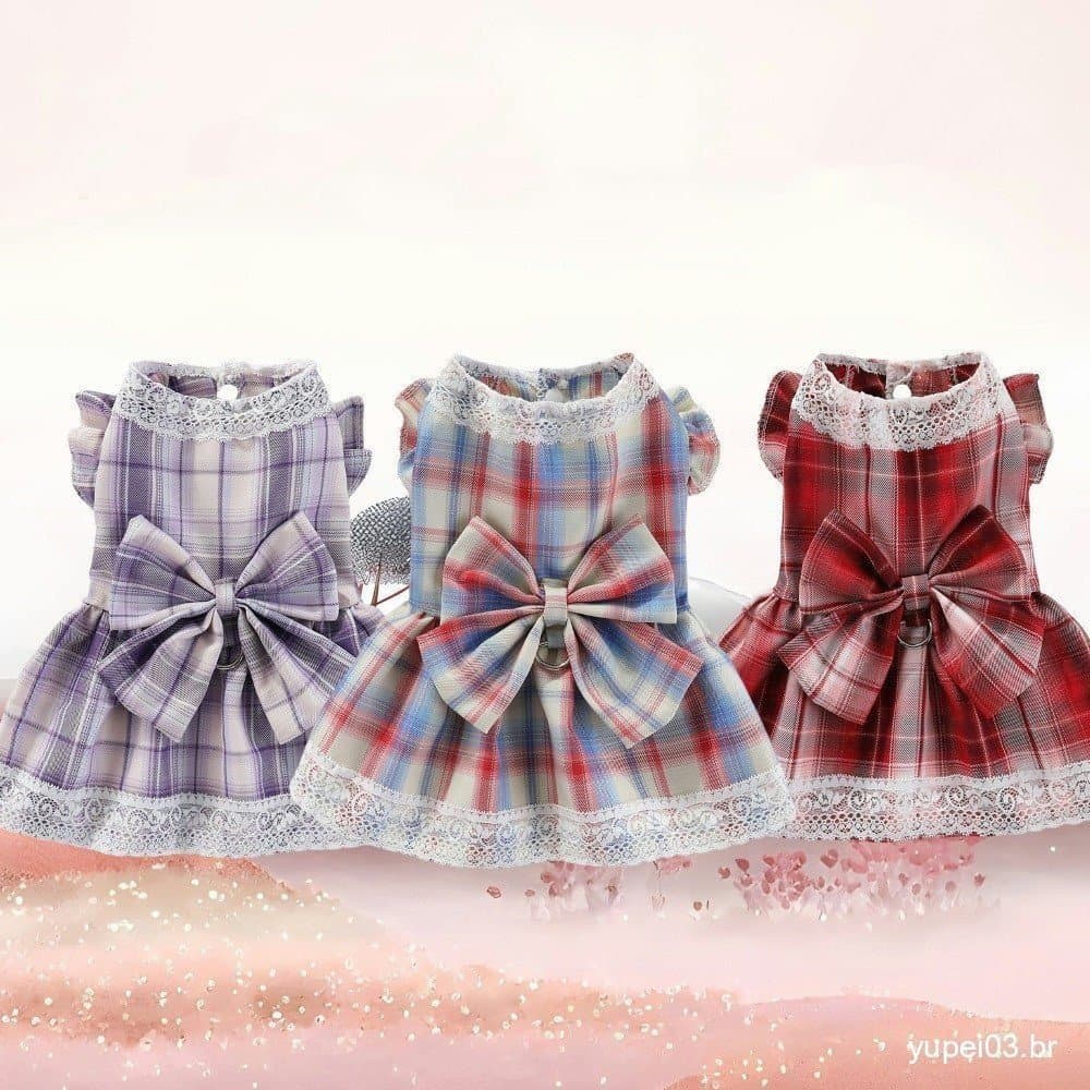 Adorável Vestido Xadrez Para Cachorro De Estimação Com Renda E Laço Babados-3 Cores Disponíveis , Roupa De Festa Chique