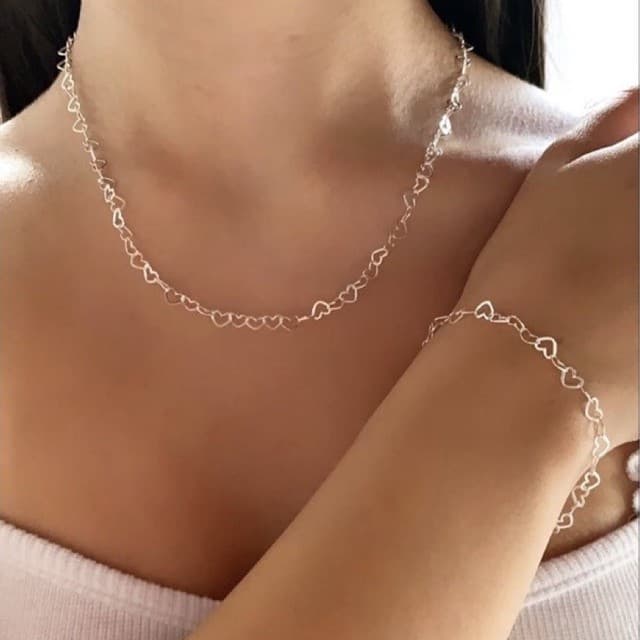 Kit Colar e Pulseira Correntinha de Coração Vazado A Prata 925