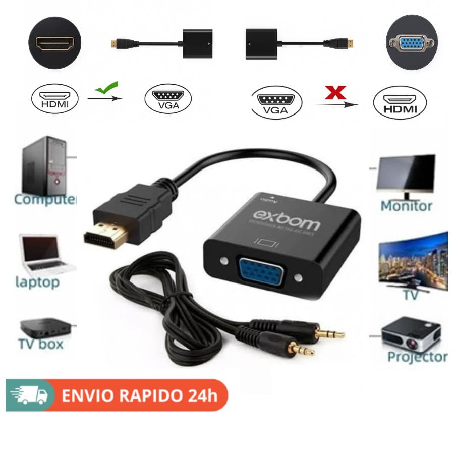 Cabo Conversor Adaptador Hdmi Para Vga Com Saída P2 Áudio
