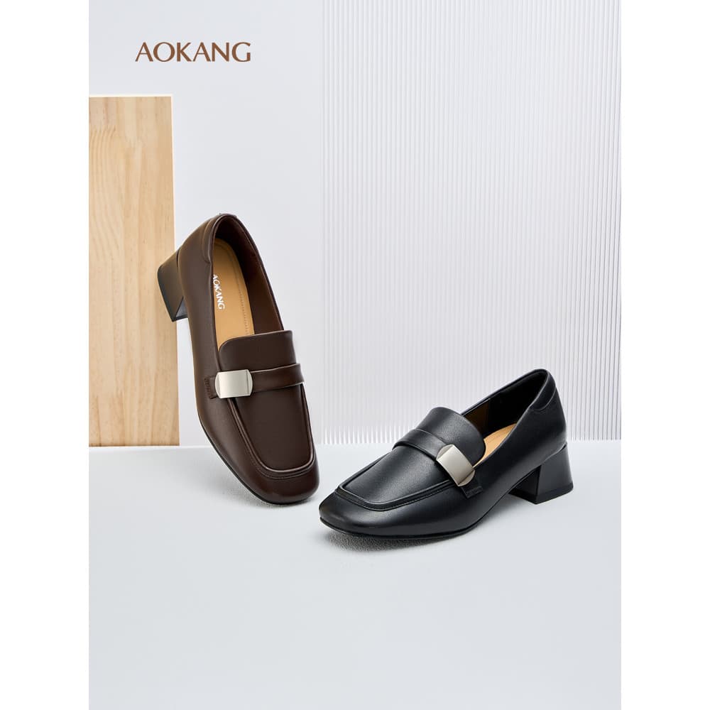 OK sapatos femininos primavera outono Retro fivela de Metal couro genuíno salto grosso JK mocassins estudantes de trabal