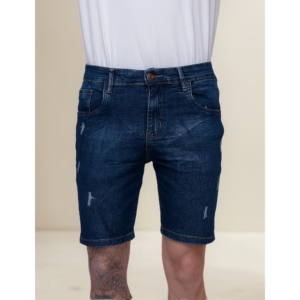 Bermuda Jeans Masculina Escura Destroyed c/ Elastano | Slim, Conforto e Estilo Verão