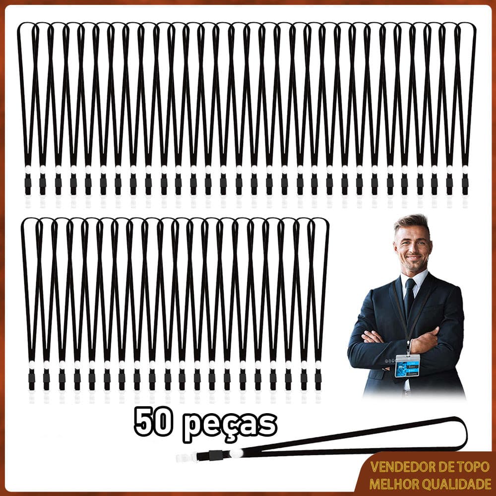50x Cordões Porta Crachá Cordão preto para cartão de identificação com clipe - Cordão confortável para o pescoço