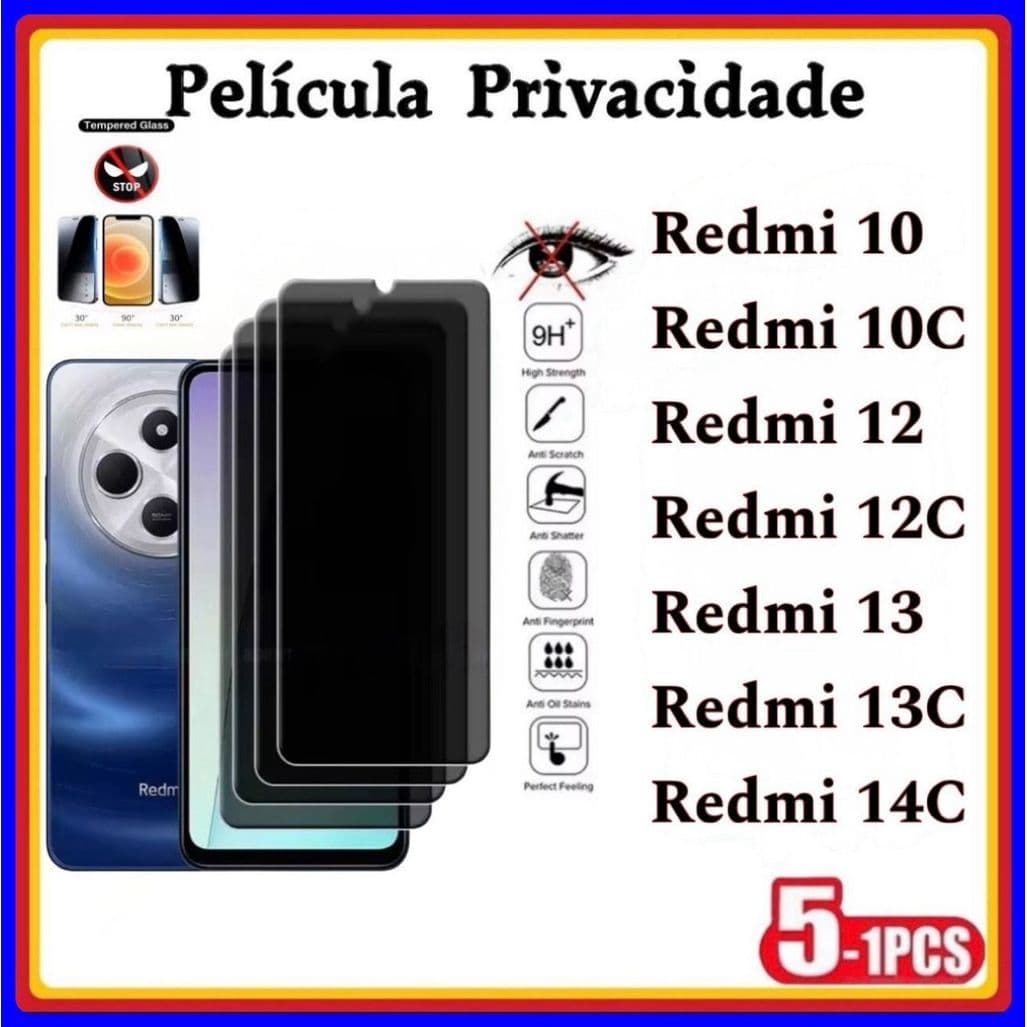 Película de Privacidade 3D Vidro Temperado Anti Spy Xiaomi Redmi 14C Redmi 13C 13 12C 12 10C 10Prime