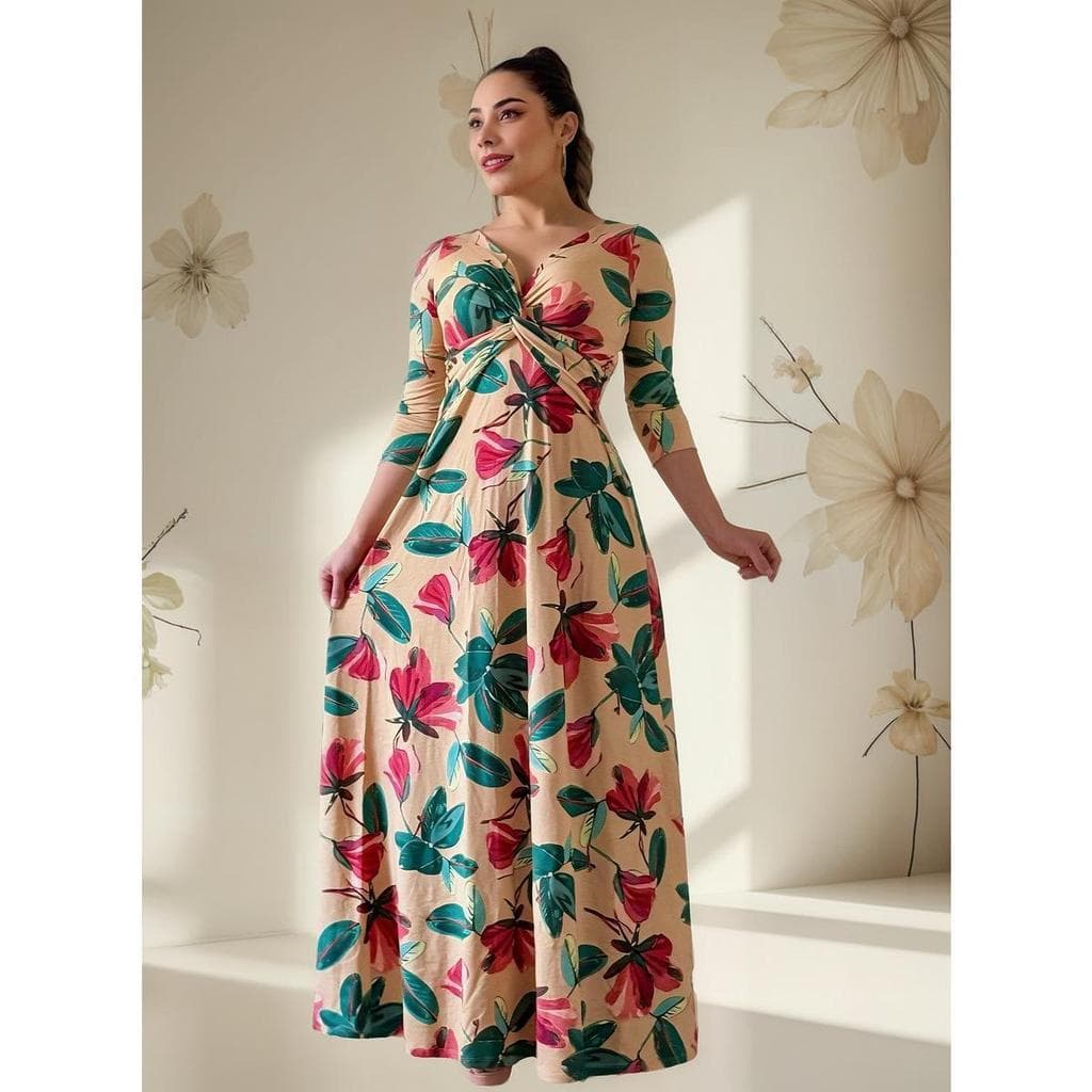 Vestido Feminino Longo Decote Coração 3/4 Casual Festa Verão Social Floral Estampado