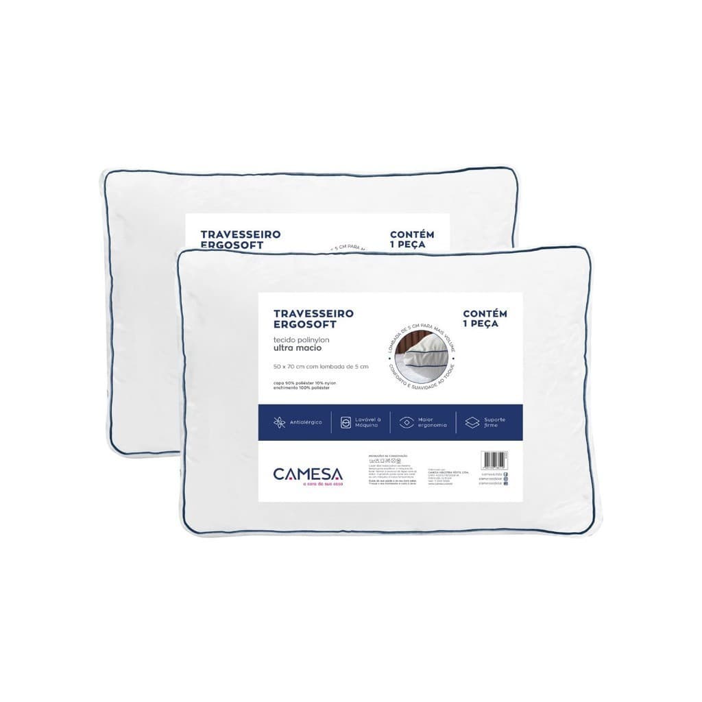 ✨ Kit 2 Travesseiros Hotel Camesa Ergosoft Antialérgico Ultra Macio 50x70