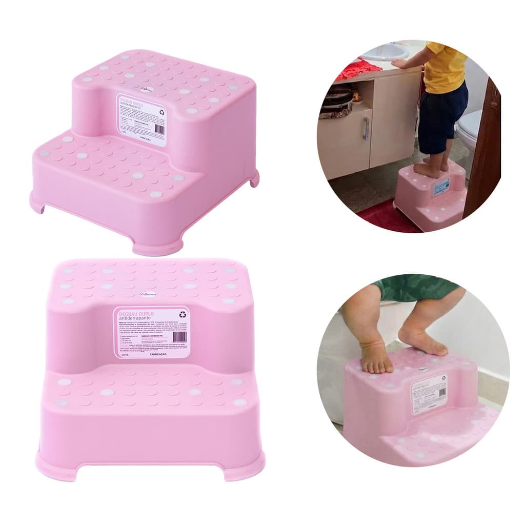 Escadinha Infantil c/ 2 Degraus Antiderrapante p/ Vaso Pia Rosa Escada com Degrau Bebê Imetro
