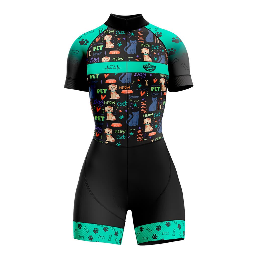 MACAQUINHO CONJUNTO CICLISMO FEMININO CÃES AZUL CELESTE uv+50