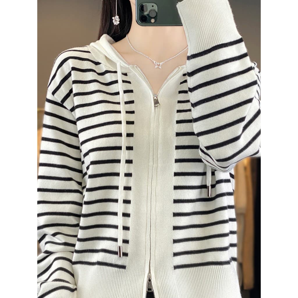 Outono inverno novo estilo listrado camisola com capuz feminino fino-ajuste exterior com capuz camisola feminina moda su
