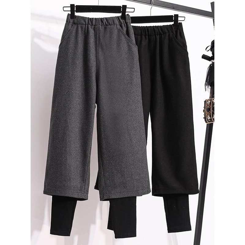 Retro grosso calças de lã outono inverno 2026 novo estilo Plus Size roupas femininas gordura mm falso de duas peças solt