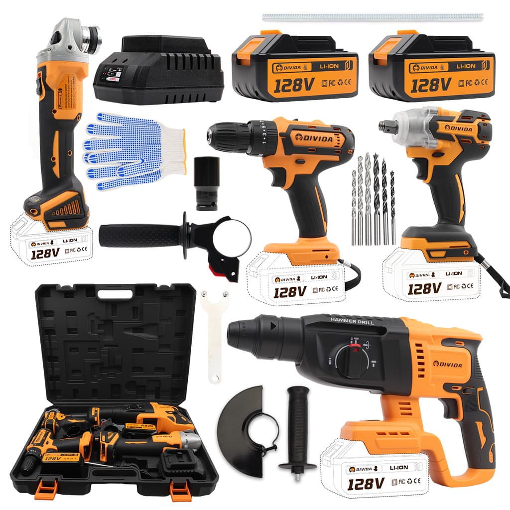 Kit 4 em 1 Ferramentas 128V – Furadeira, Parafusadeira de Impacto, Martelete e Esmerilhadeira com 2 Baterias e Maleta