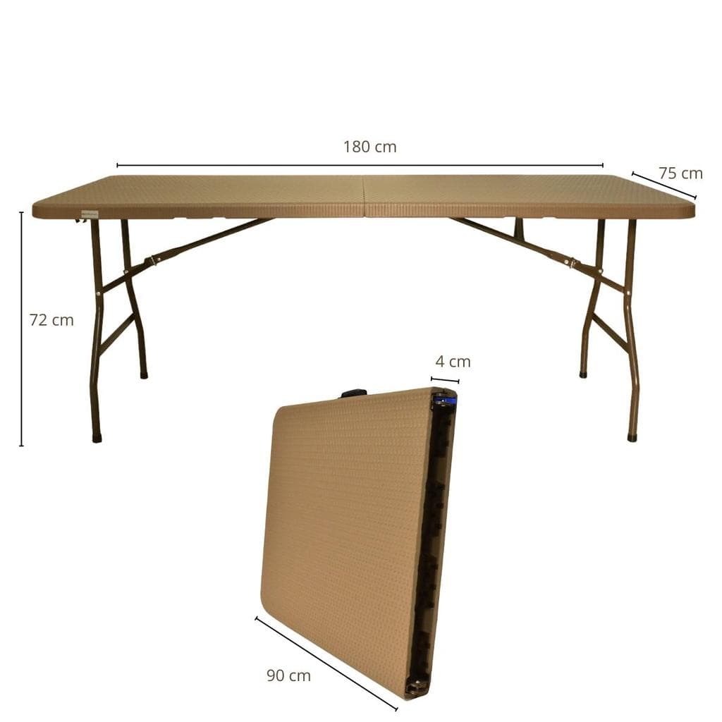 Mesa Dobrável 1,80m Vira Maleta com Alça Rattan Marrom | Portátil P/Eventos,Festas e Áreas Externas | Trava de Segurança