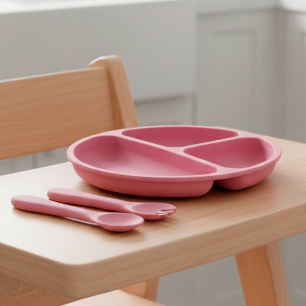 Conjunto Alimentação Infantil Silicone Mimo Style Rosa 3pçs Kit Bebê Antiderrapante