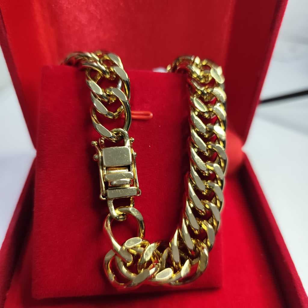 Pulseira lacraia 14mm masculina fecho gaveta duas travas banhada a ouro 18k