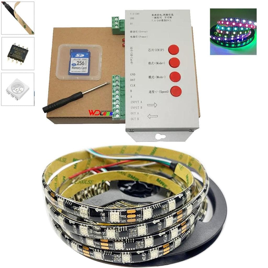 Fita Led Ws2811 Ip65 Siliconada 5M 300 leds Preta + T1000s