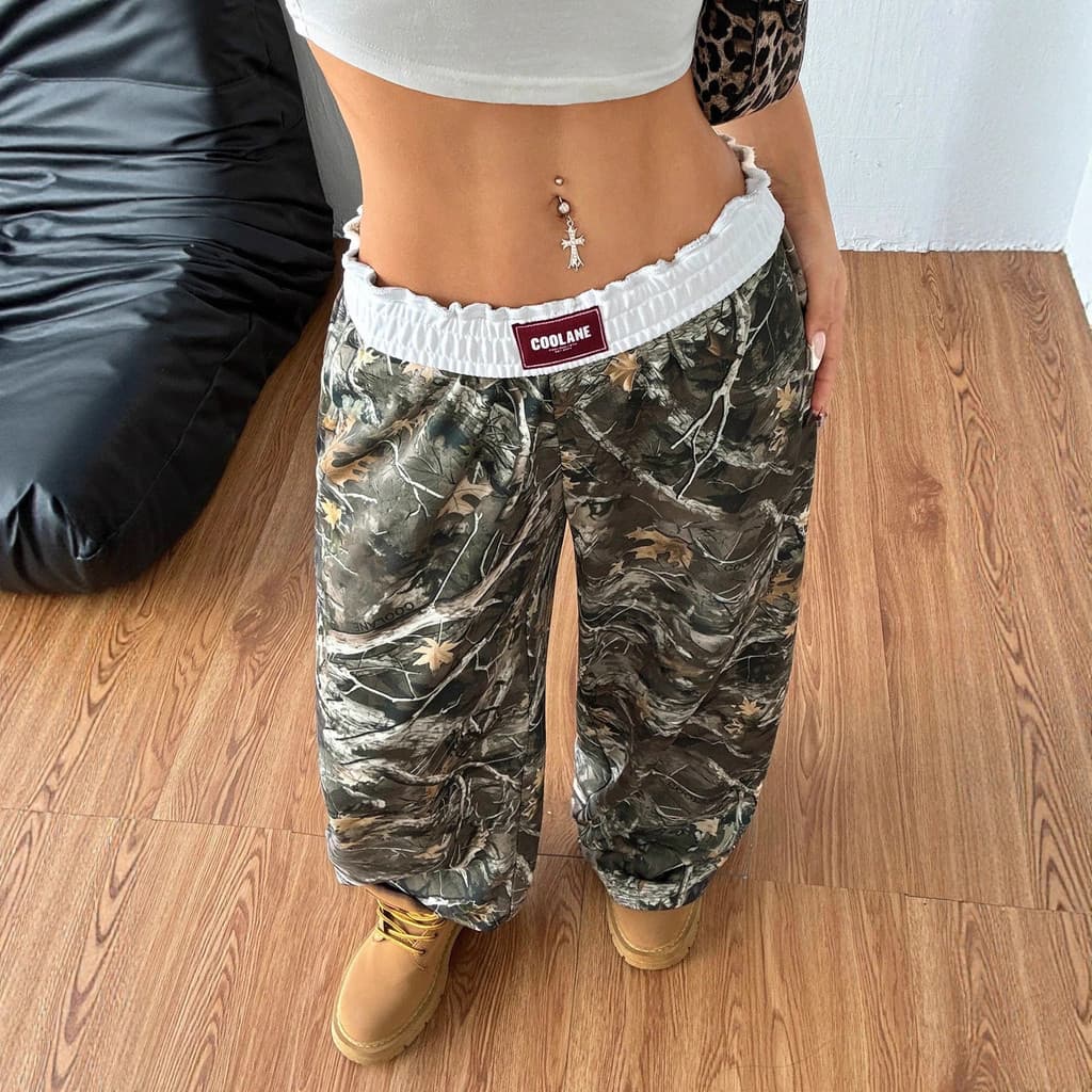 Y2k Camuflagem Hiphop Estilo Rua Perna Larga Calças Compridas Femininas Casuais