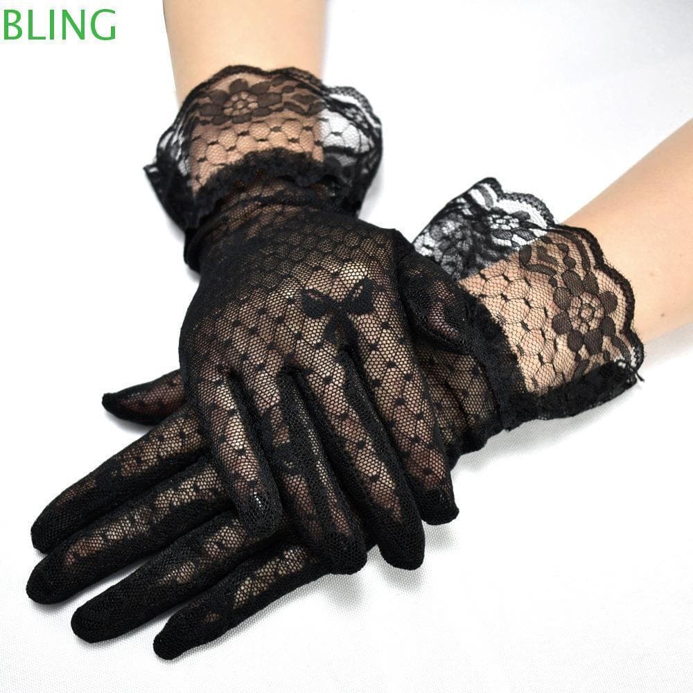 BLING Arco Curto Protetor Solar Luvas De Renda , Noiva Transparentes Respiráveis Tule De Dedo Inteiro De Malha