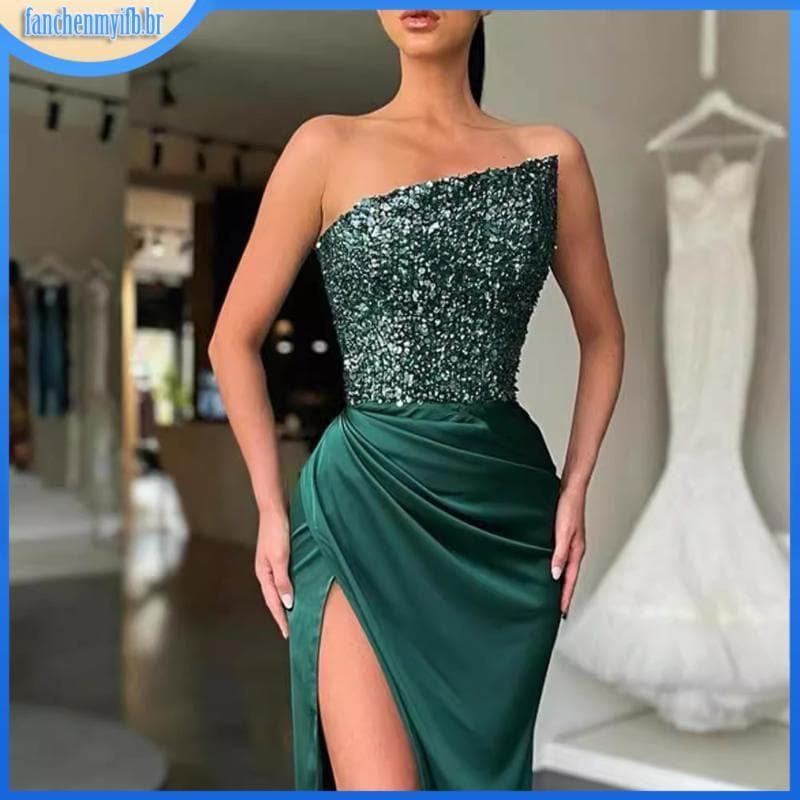 Vestido longo feminino Oblíquo Pescoço Lantejoulas Patchwork plissado alta fenda para festa de formatura à noite