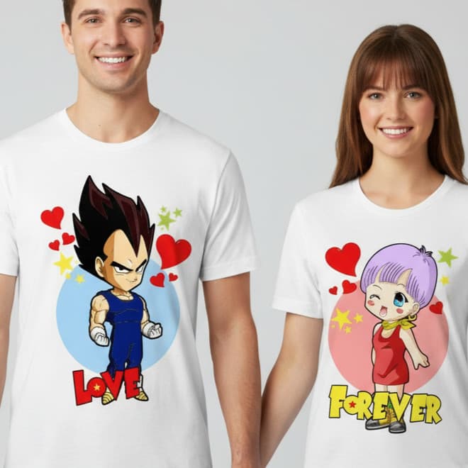 Conjunto Casal Dragon Ball Vegeta e Bulma Kit 2 camisetas Regular Namorados Presente