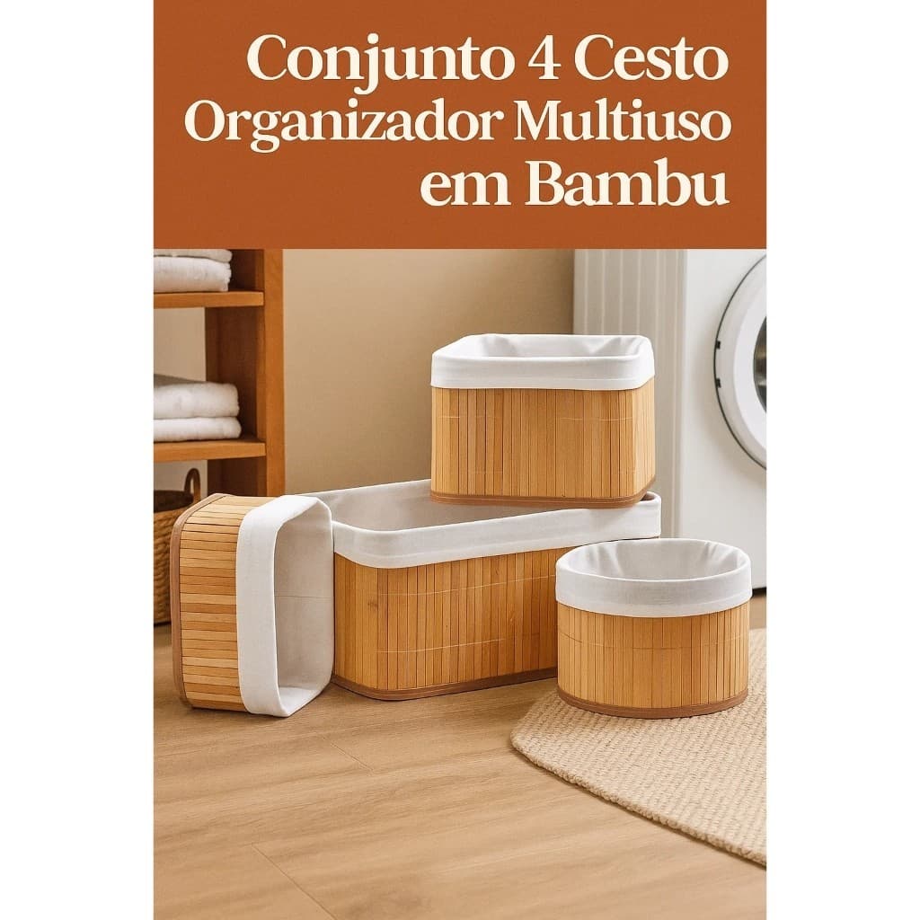 Conjunto 4 Cestos Organizadores Multiuso em Bambu para Armazenamento Decoração Casa Utensílios