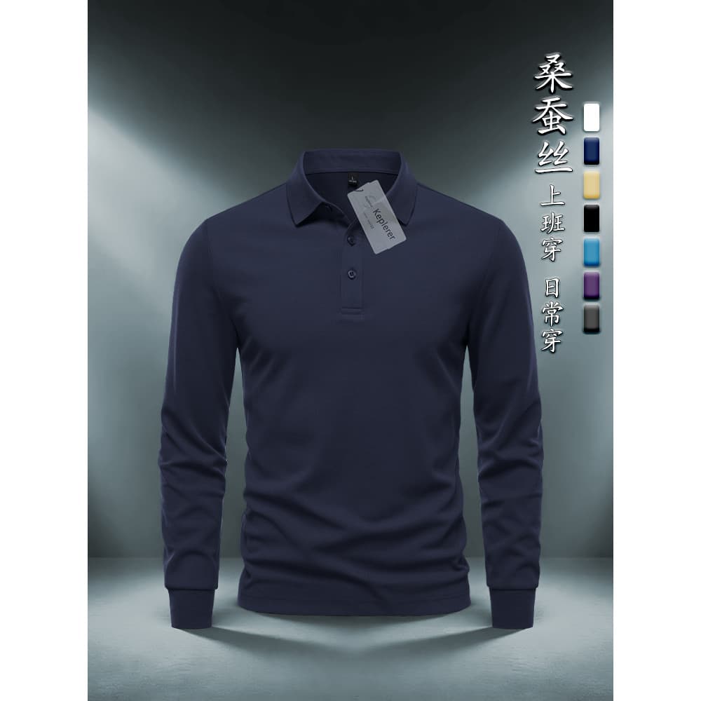 2025 primavera outono novo estilo masculino de manga comprida camisa POLO de seda amoreira negócios Casual topo High-End