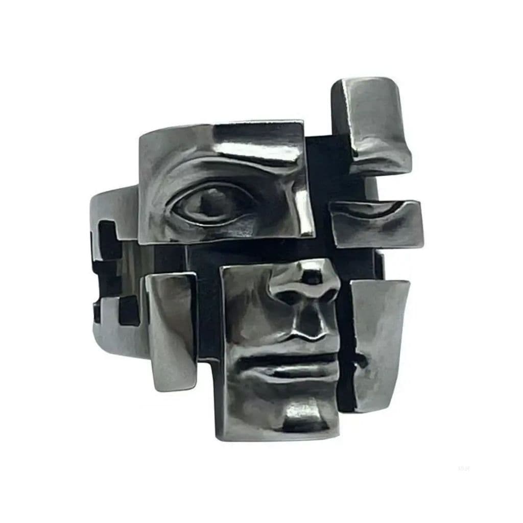 Anel Máscara Ajustável Alternativo Rosto Metal Prateado Impactante Expressivo Resistente Marcante