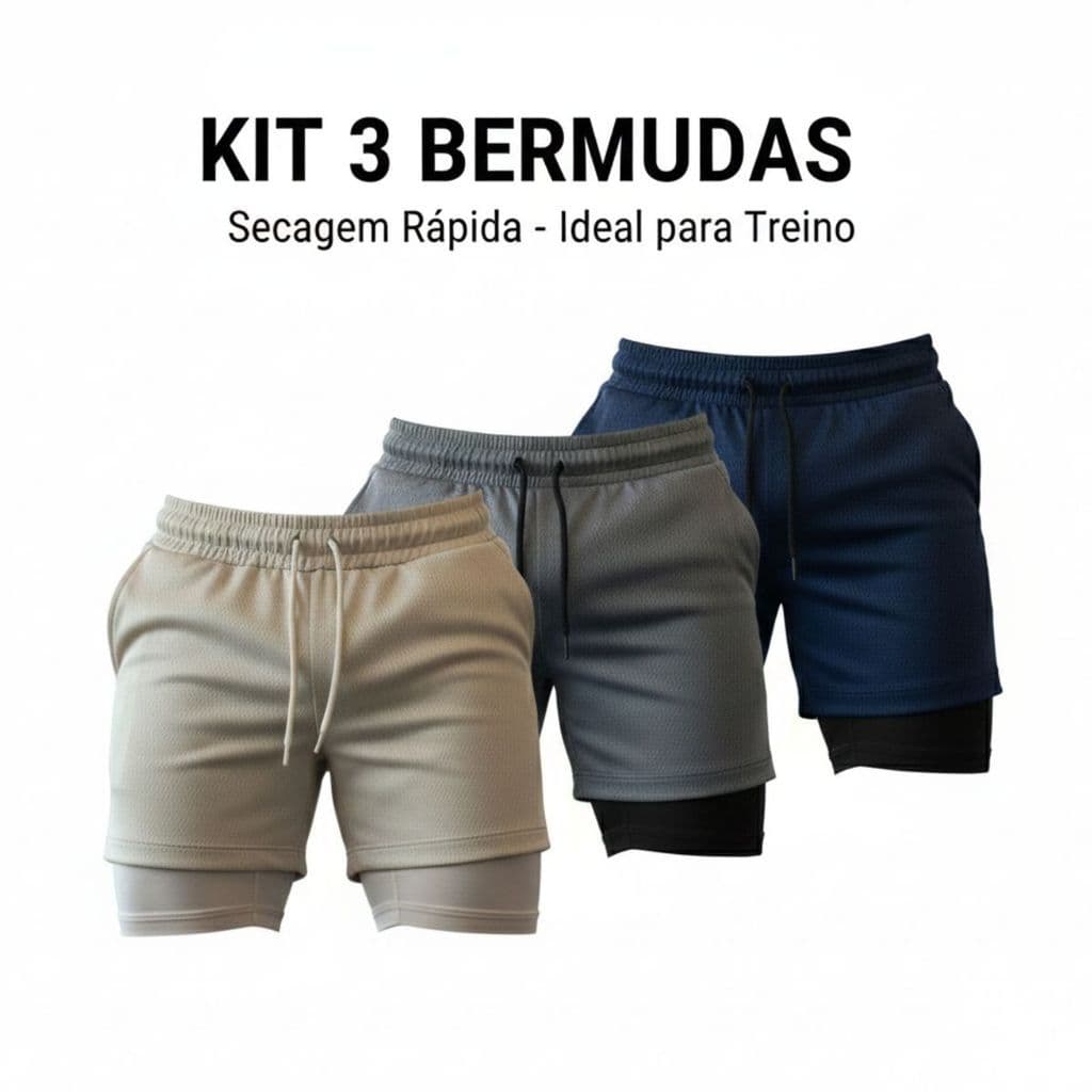 KIT 3 ou 2 Shorts Masculino 2 em 1 Corrida Forrado Compressão