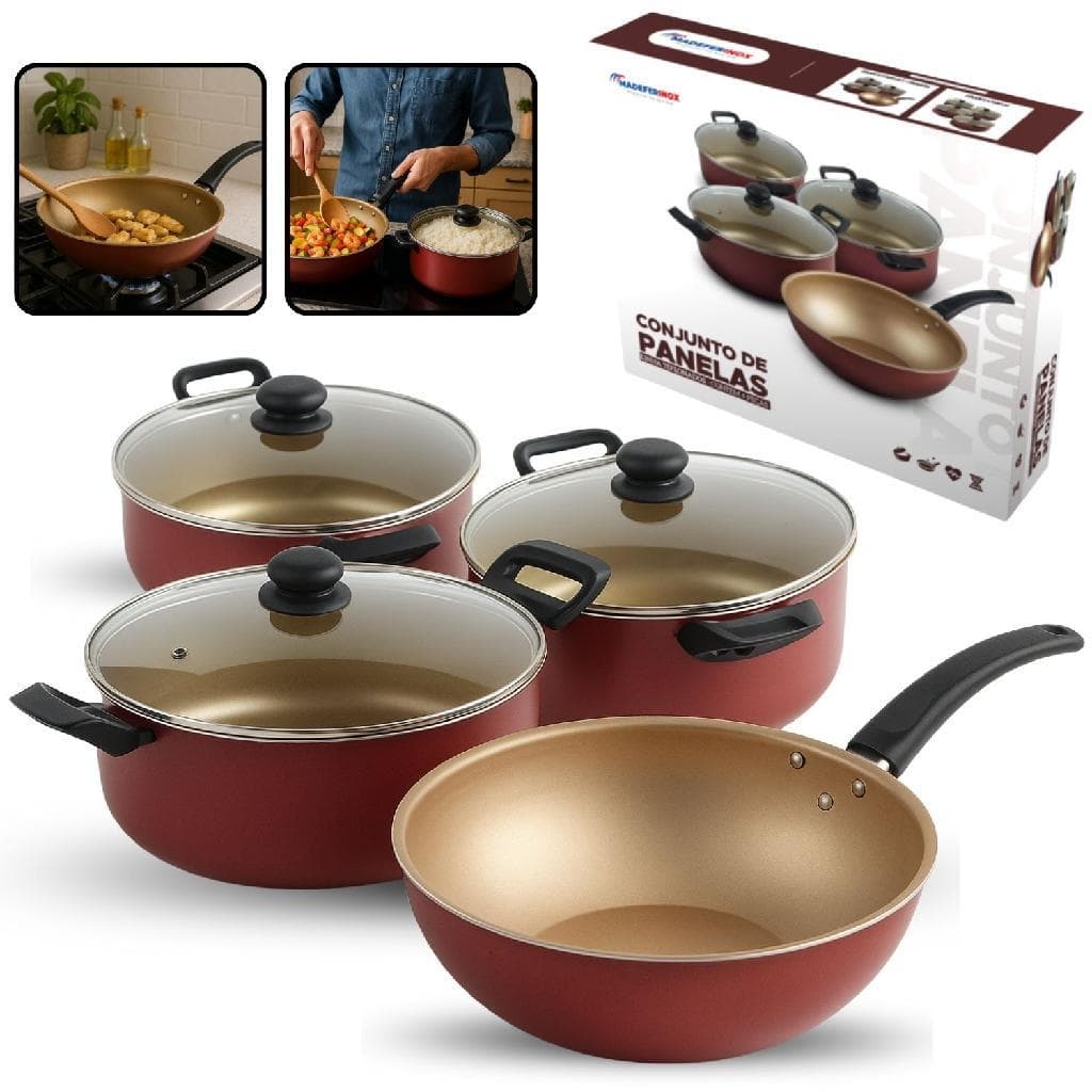 Conjunto 4 Panelas Antiaderente Teflon Com Tampa de Vidro e Frigideira Funda