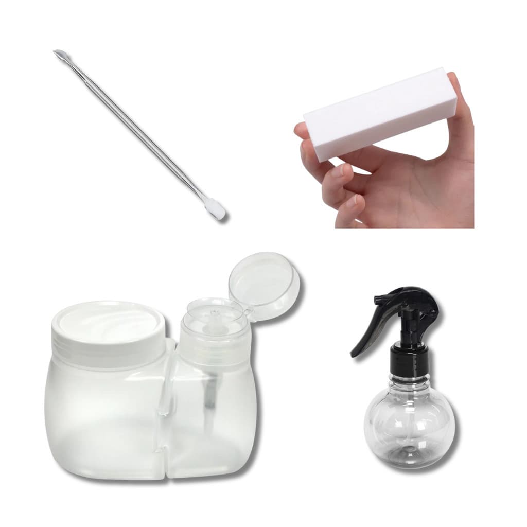 KIT DOSADOR DE ACETONA COM PORTA ALGODÃO 2 EM 1 + PULVERIZADOR 180 ML + LIXA CUBO + ESPÁTULA DUPLA