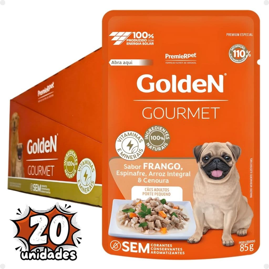 Caixa 20un Sachê Golden Gourmet Frango Cães Ad. Pequeno 85g