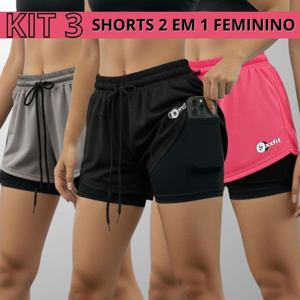 Kit 3 Shorts 2 Em 1 Feminino Dry Fit Academia Com Bolso Interno E Forro Compressão