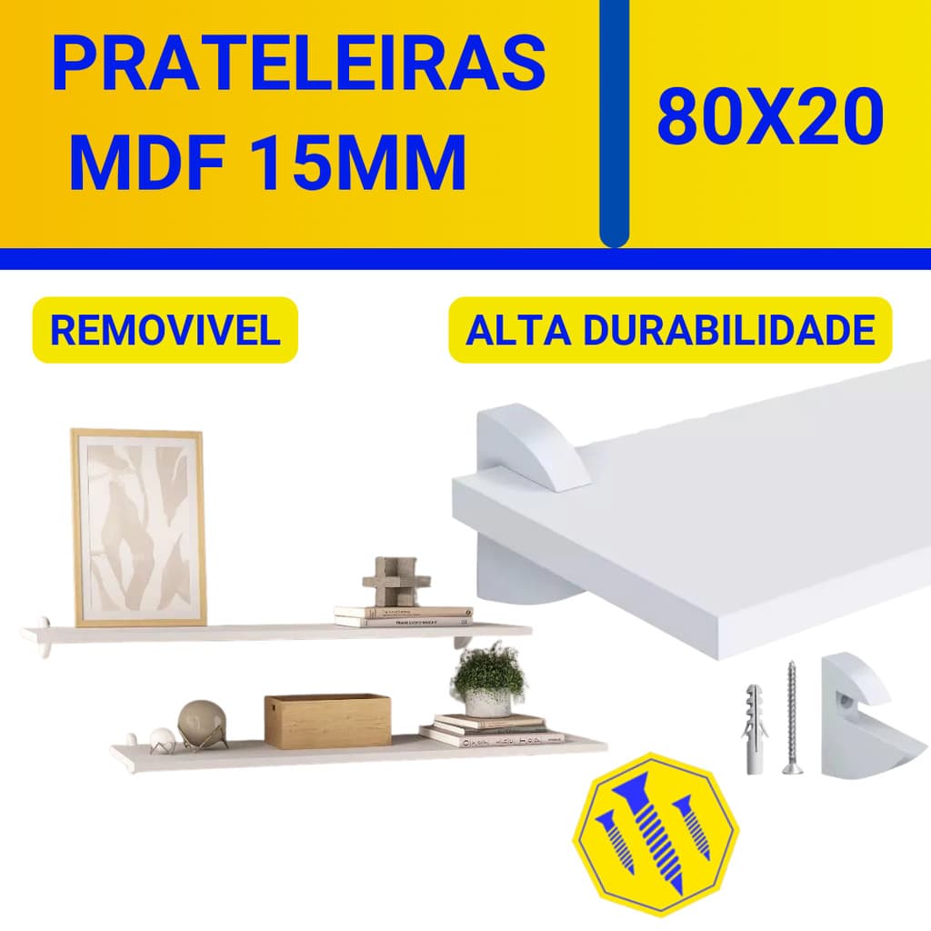Kit 2 Prateleiras Decorativas 80x20 Mdf Branca + suporte tucano
