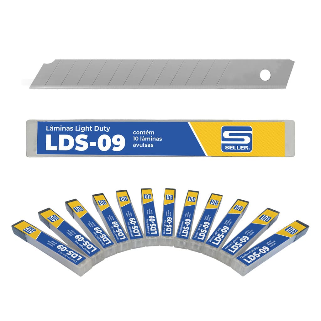 Lâmina Estreita para Estilete LDS-09 Seller 9mm Aço Carbono – Kit com 12 tubos (10 lâminas cada) – Corte leve e preciso