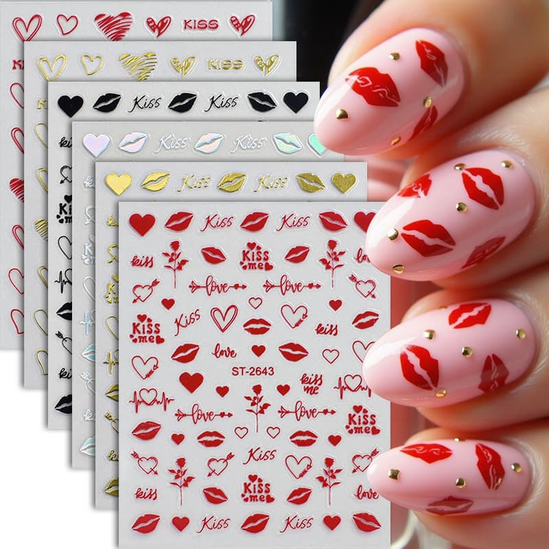 Dia Dos Namorados 3D Adesivos De Unhas Preto Vermelho Coração Lábios Arte Do Prego Adesivo DIY Decalque Da