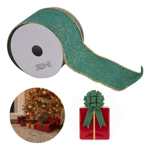 Rolo Fita Decoração 6,3x9,1cm Natal Verde Laço Glitter Verde Laço Desenhado Dourado