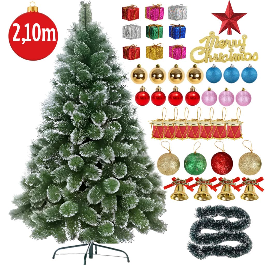 Árvore De Natal Pinheiro Luxo Nevada ou Verde 2,10 Metros Altura + 80 Enfeites Decoração Natalina