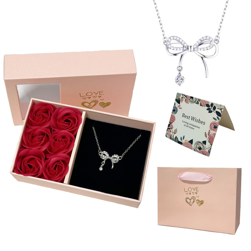 Colar de laço brilhante requintado feminino, acessório de clavícula trendy, caixa presente com rosas eternas
