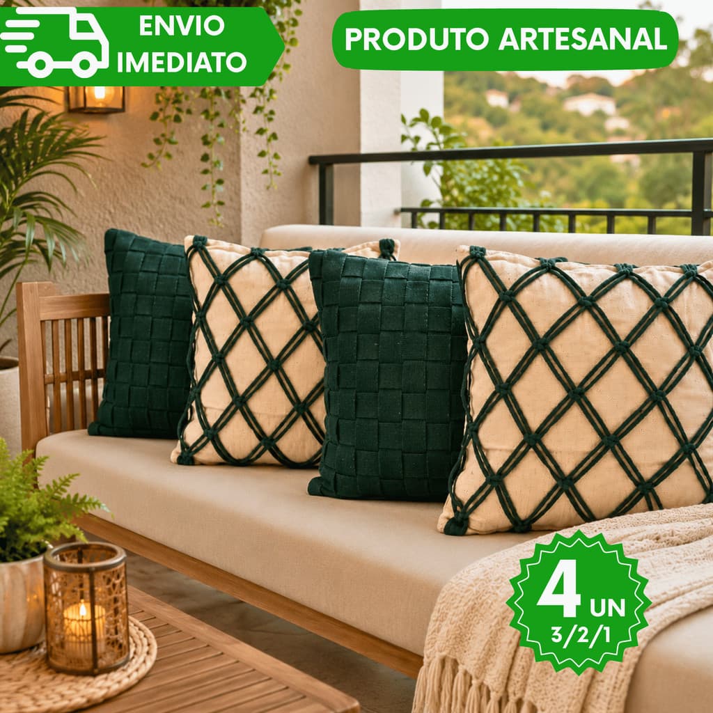 Almofadas Decorativas 100% Algodão Geométricas Macramê Cru Verde para Sala Sofá Cama Quarto  Moderno