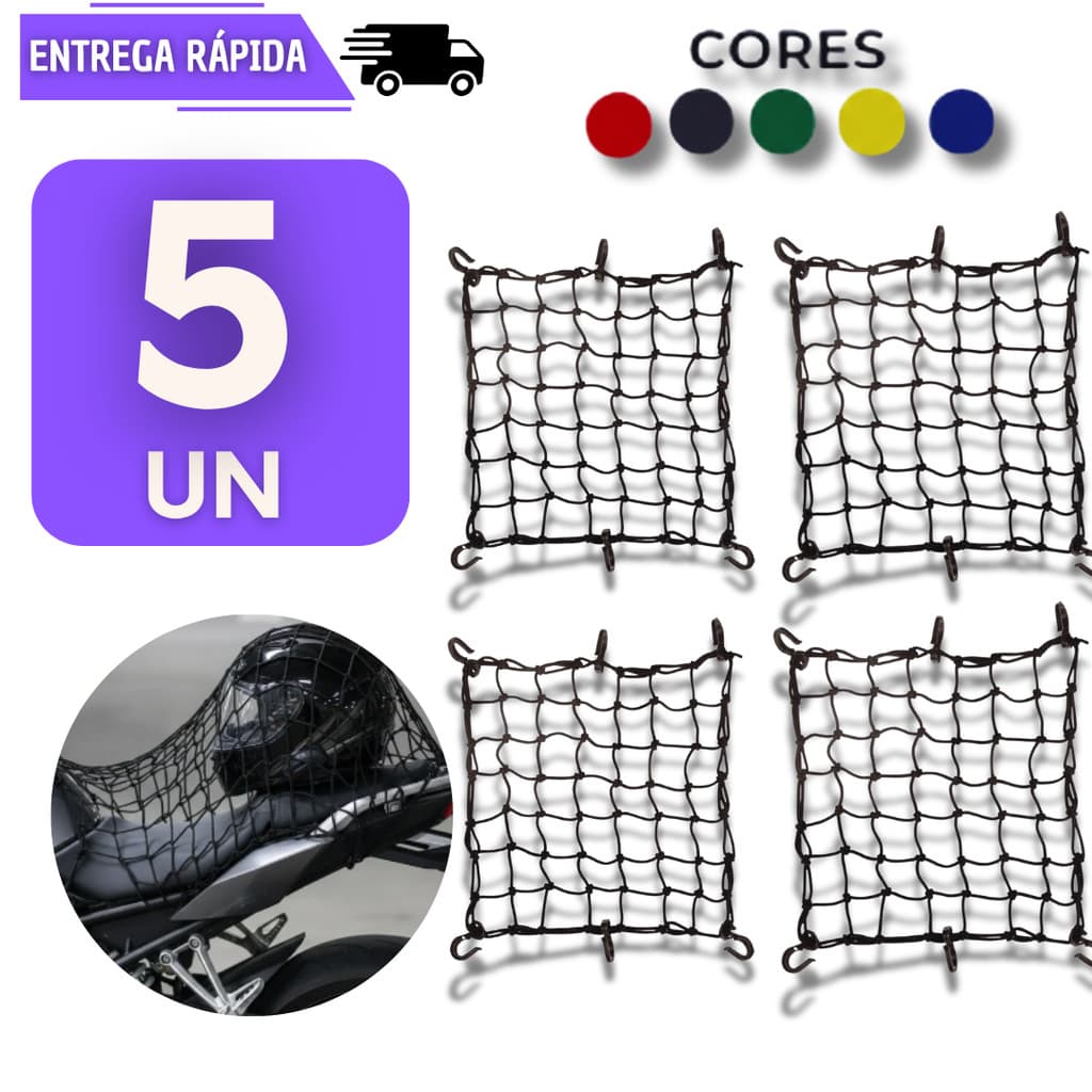 Conjunto 5 Redes Elastica Para Moto Capacete Bike Tipo Aranha 6 Ganchos Redinha Acessório Rede Prender Bicicleta Rede