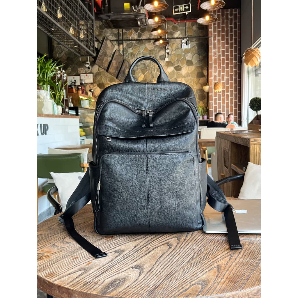 Mochila masculina de couro genuíno, bolsa de viagem de grande capacidade para computador, preta, simples, moderna, de al