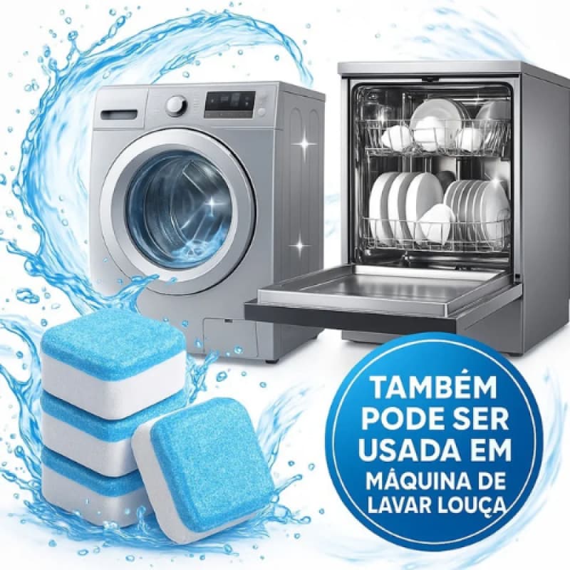 KIT Com 12 Pastilhas Multifuncional para Limpeza de Máquinas de Lavar Louças e Roupas Efervescentes